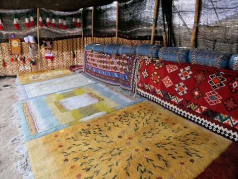 カシュガイ族遊牧民が暮らすテントの内装　ギャッベ敷かれる